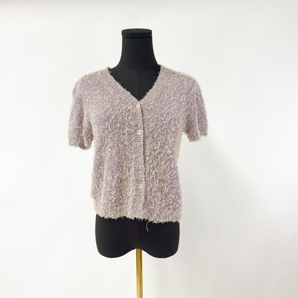 The cutest 90s style short sleeve button up Furry Lilac Cardigan - Picture 1 of 6